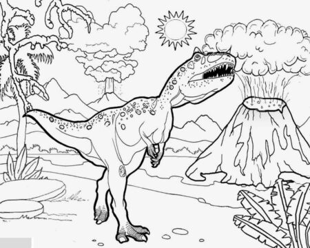 Dibujo de T Rex con volcanes Alrededor para Colorear