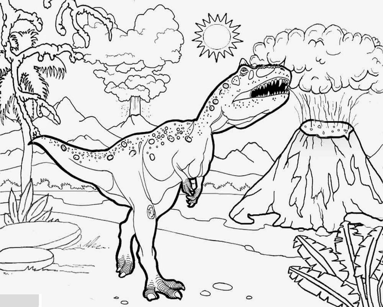 Dibujo de T Rex con volcanes Alrededor para Colorear