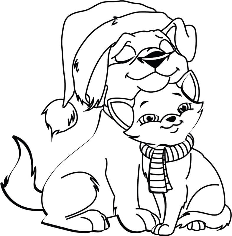 Dibujo de Perro y Gato en Navidad para Colorear