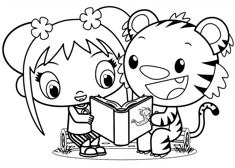Dibujo de Libro de Lectura de Kai Lan y Rintoo para Colorear