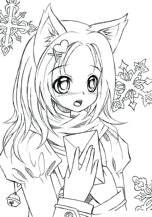 Dibujo de Chica Lobo Kawaii para Colorear