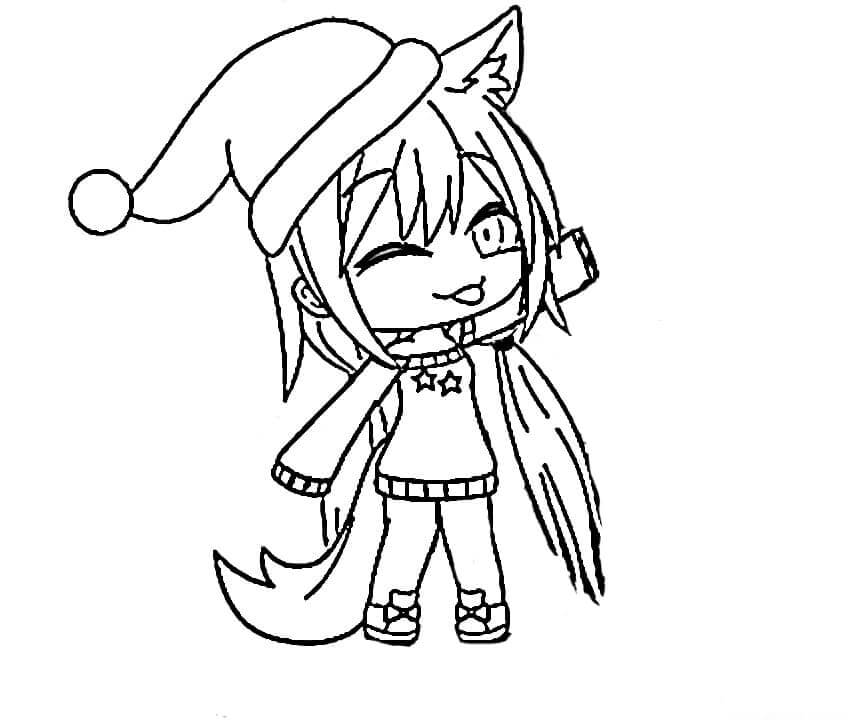 Dibujo de Chica Lobo con Sombrero de Noel para Colorear