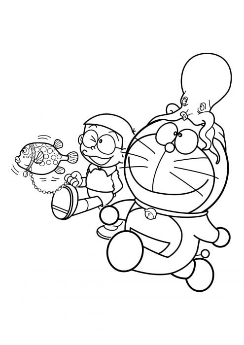 Dibujo de Nobita y Doraemon con Mascotas Marinas para Colorear