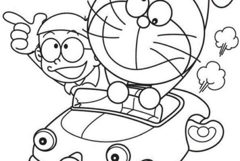 Dibujo de Nobita y Doraemon Conduciendo para Colorear