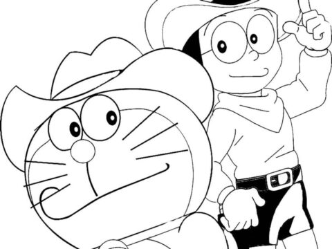 Dibujo de Nobita y Doraemon Vaquero para Colorear