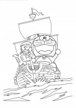 Dibujo de Nobita y Doraemon Navegan en el Barco para Colorear