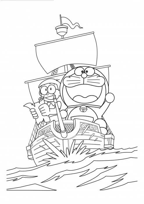 Dibujo de Nobita y Doraemon Navegan en el Barco para Colorear