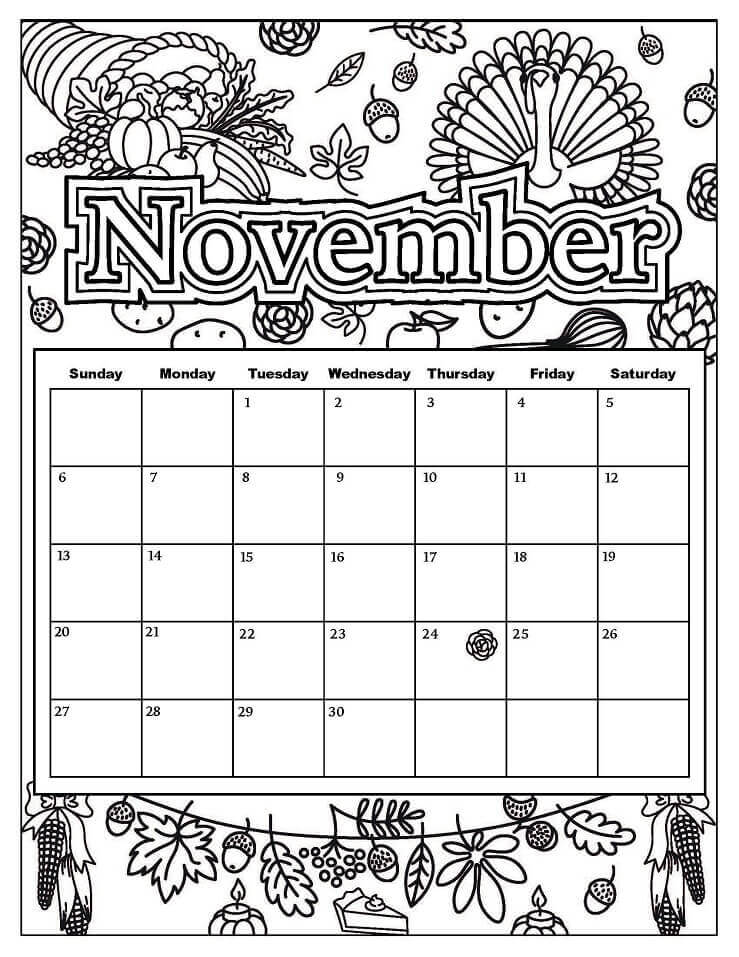 Dibujo de Calendario para Noviembre Lindo para Colorear
