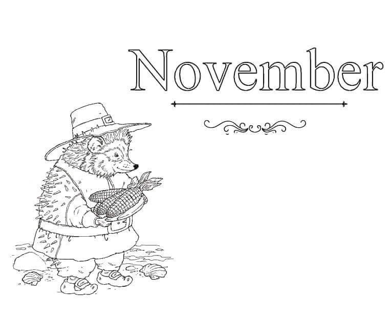 Dibujo de Erizo con Noviembre para Colorear