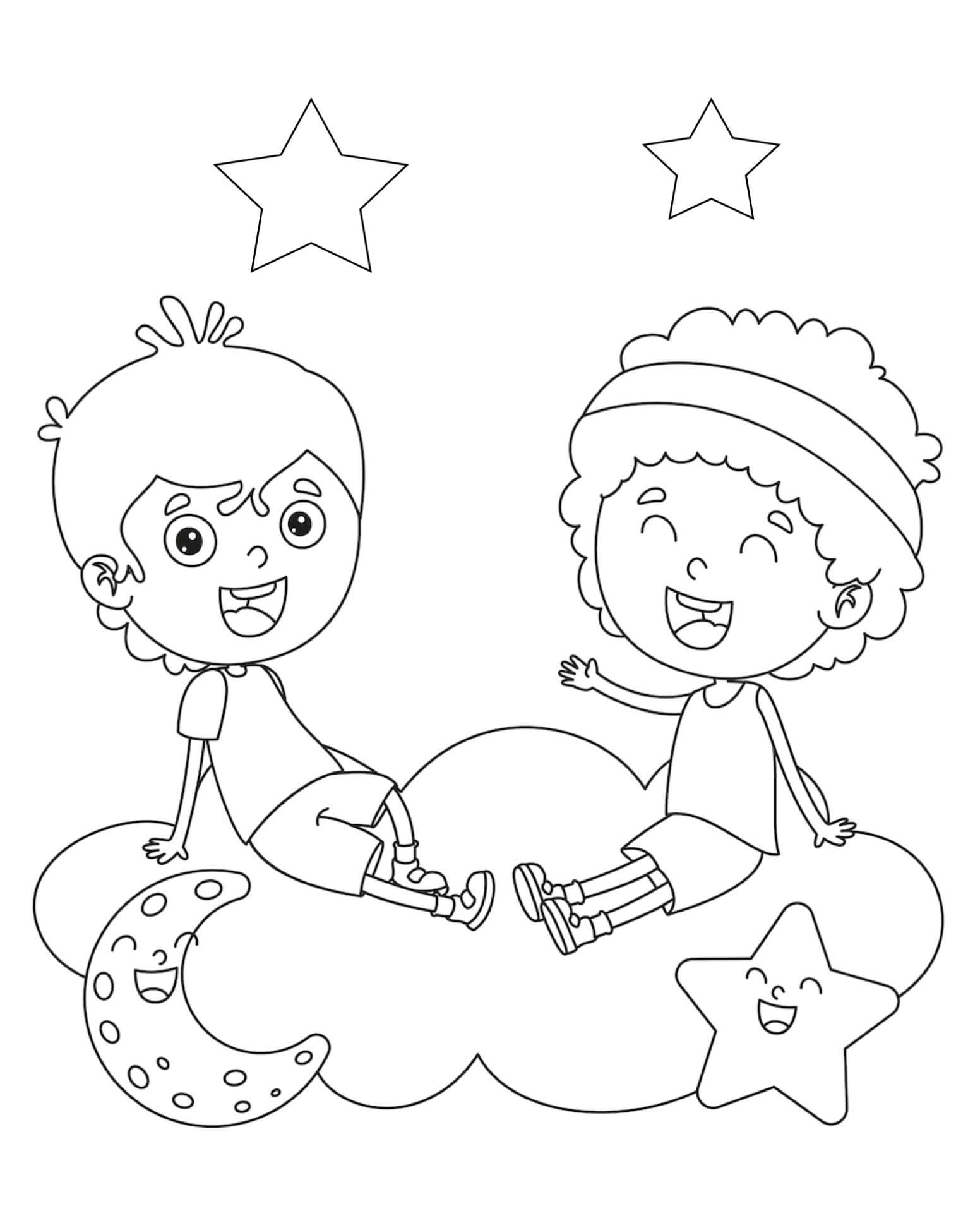 Dibujo de Dos niños en la Nube para Colorear