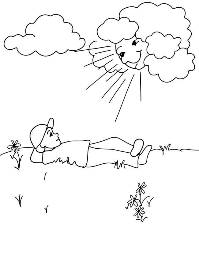 Dibujo de Niño Acostado Mirando las Nubes para Colorear