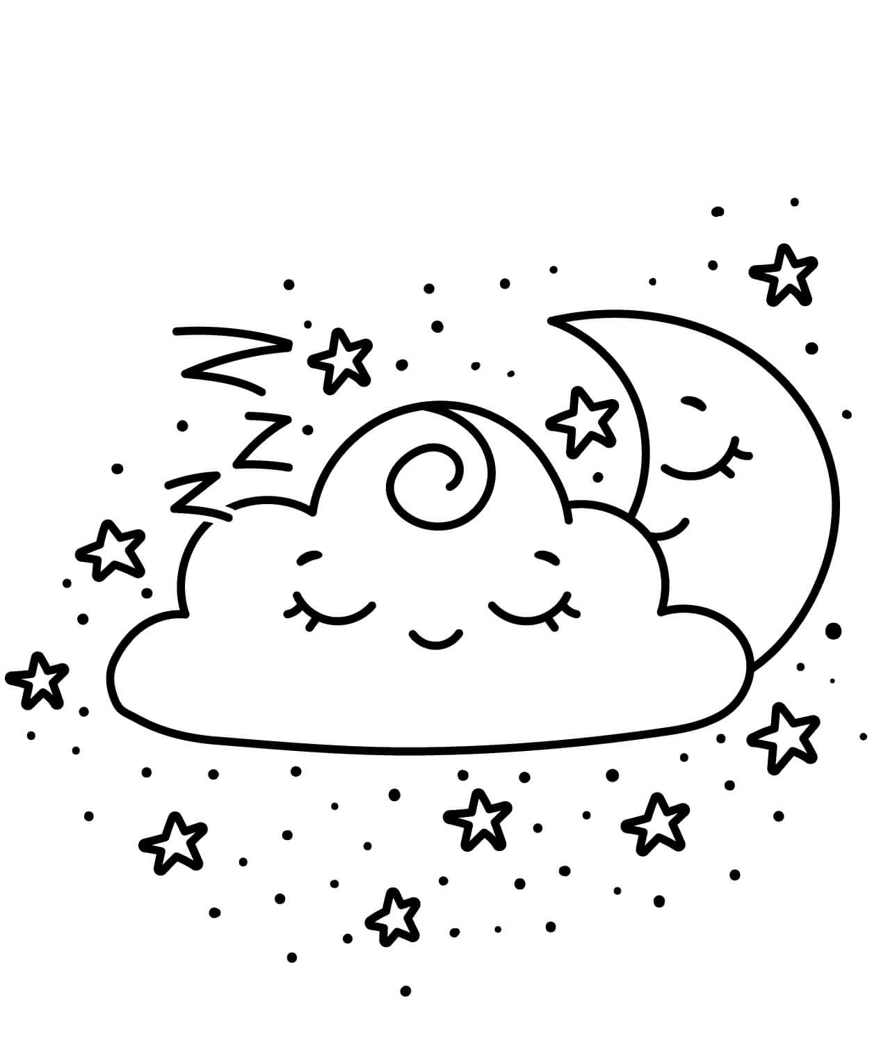 Dibujo de Nube Sonriente con Luna para Colorear