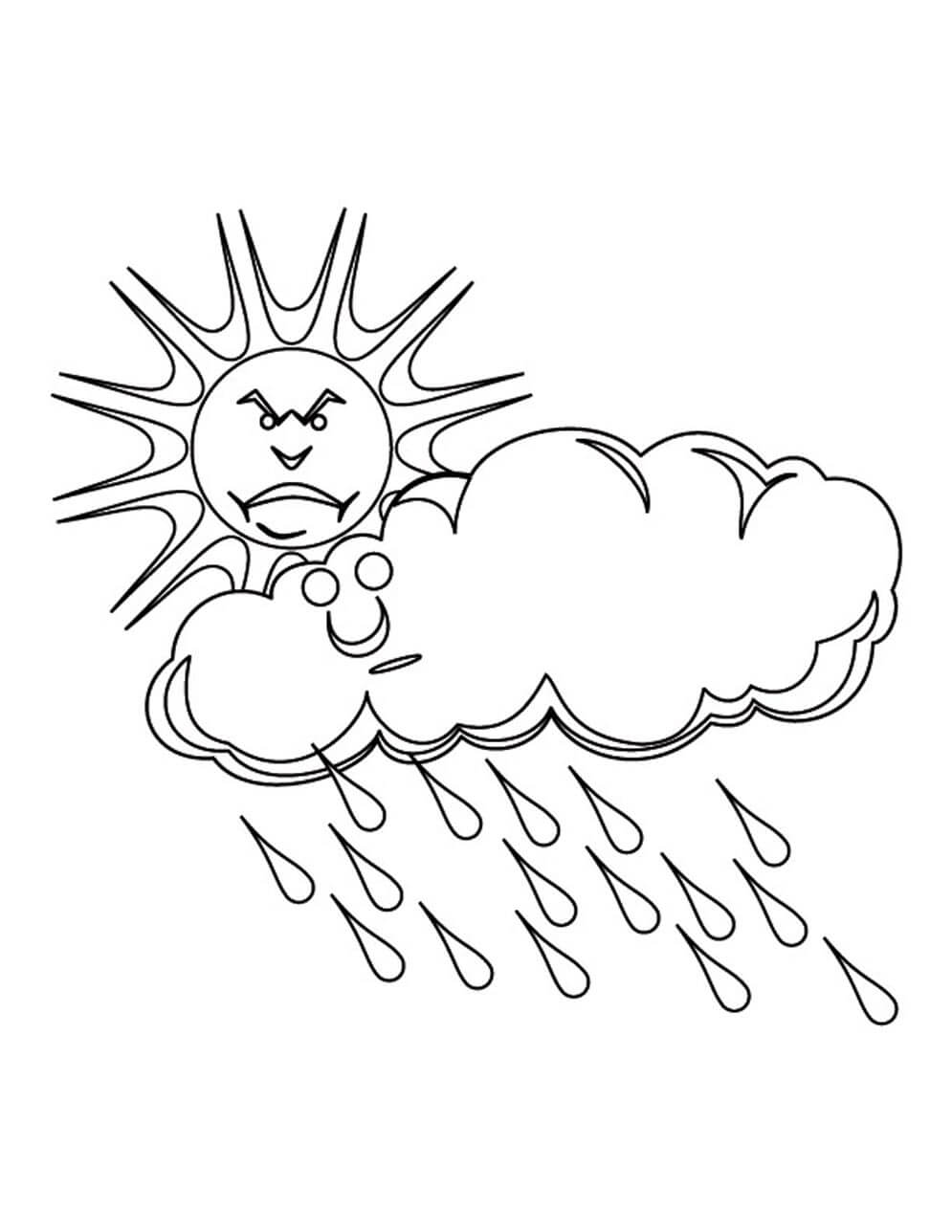 Dibujo de Sol Enojado con Lluvia de Nubes para Colorear