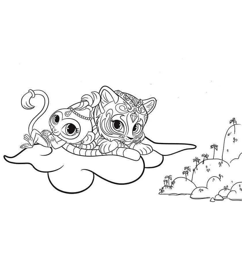 Dibujo de Tala y Nahal en una Nube para Colorear