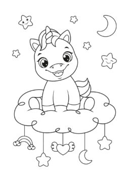 Dibujo de Unicornio Divertido Sentado en la Nube para Colorear