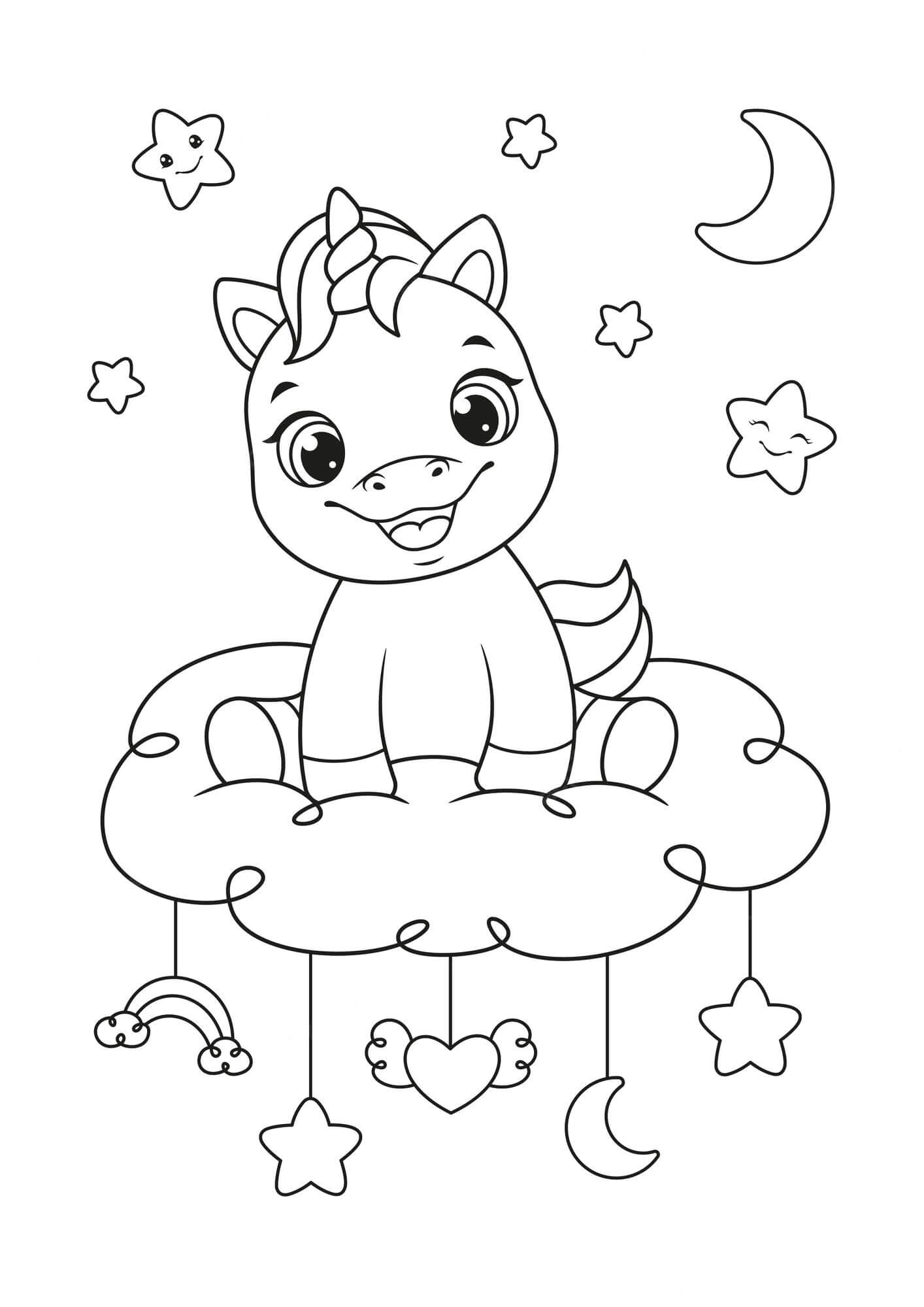 Dibujo de Unicornio Divertido Sentado en la Nube para Colorear