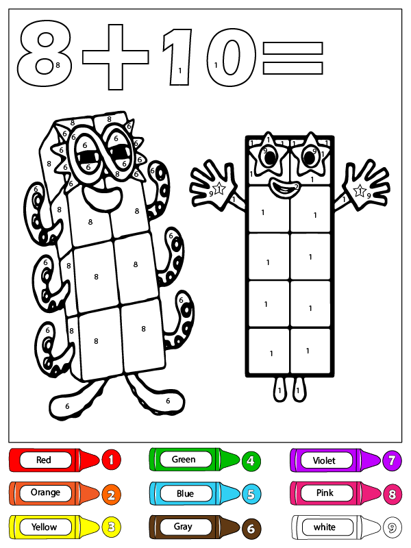 Dibujo de Ocho y Diez Bloques de números Color por número página para Colorear