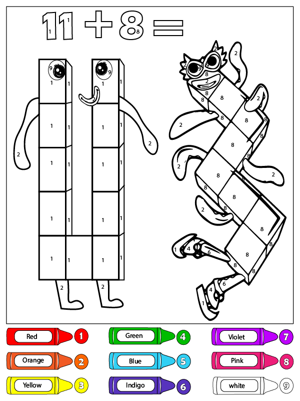 Dibujo de Once y Ocho Numberblocks Color por número página para Colorear