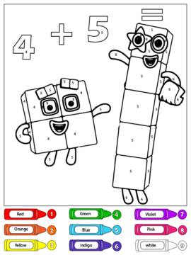 Dibujo de Página para Colorear de Cuatro y Cinco Bloques de números Color por número para Colorear