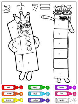 Dibujo de Tres y Siete Bloques de números Color por número página para Colorear