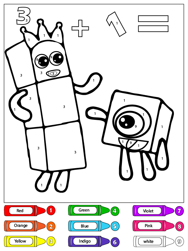 Dibujo de Tres y un Numberblocks Color por número página para Colorear