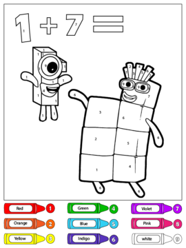 Dibujo de Uno y Siete Bloques de números Color por número página para Colorear