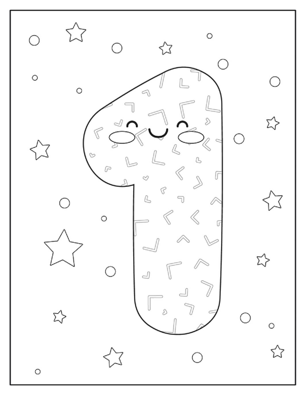 Dibujo de Número 1 Sonriente con Estrellas para Colorear