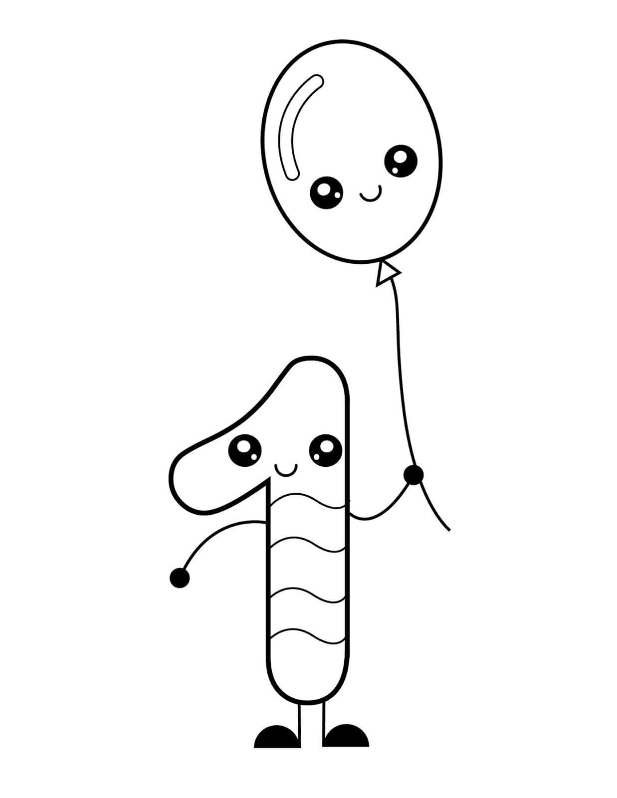 Dibujo de Número 1 con Globo para Colorear