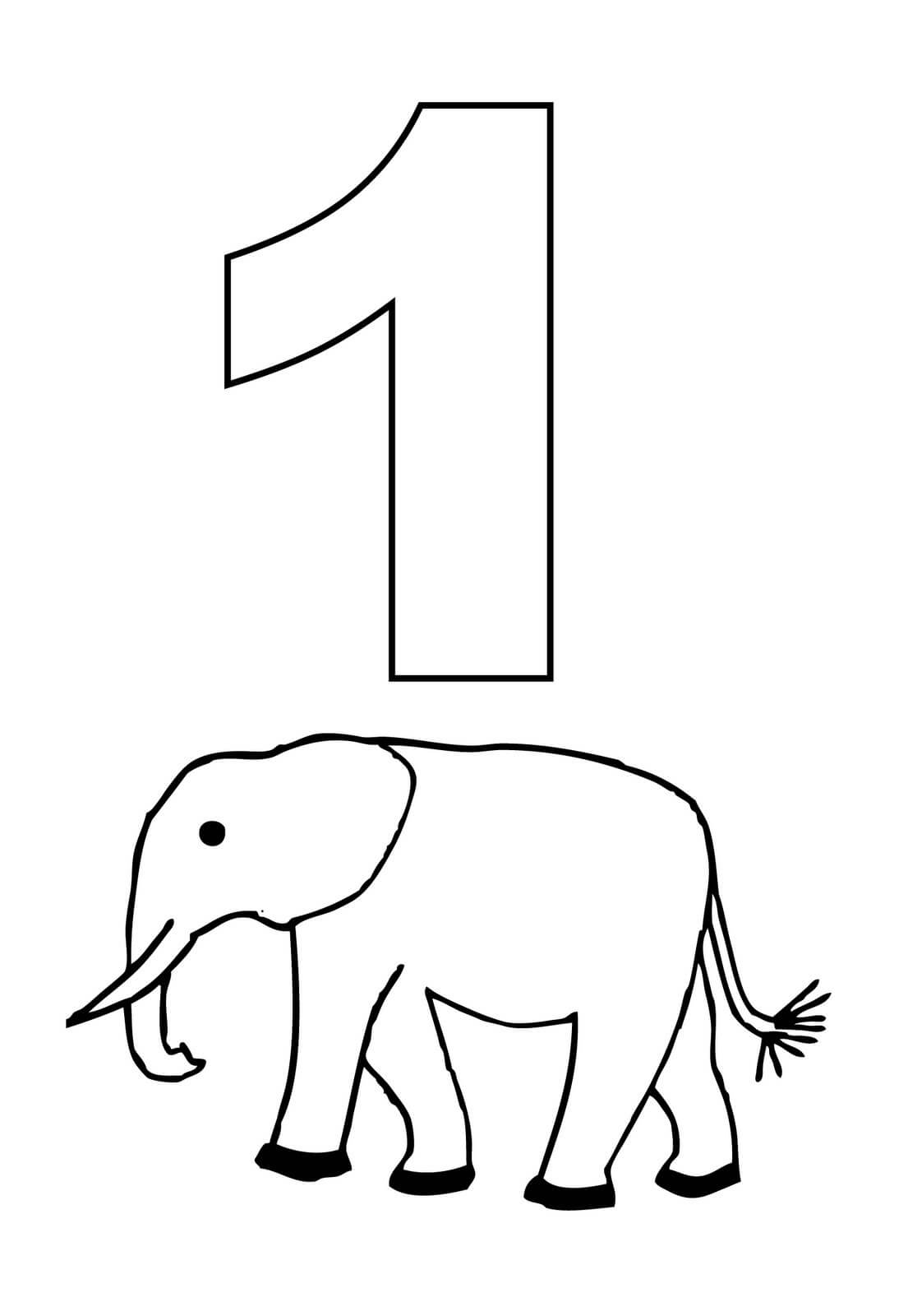 Dibujo de Número 1 y Elefante para Colorear
