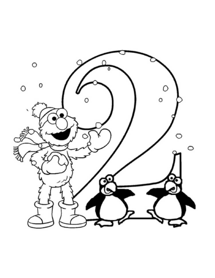 Dibujo de Elmo y número 2 con Dos pingüinos para Colorear