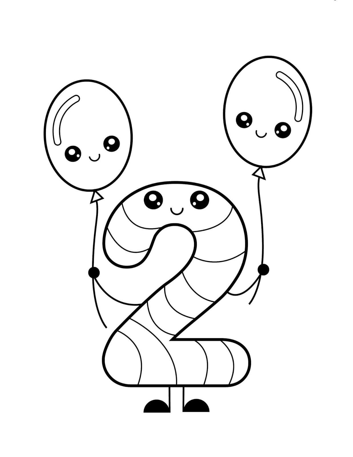 Dibujo de Número 2 Sosteniendo Dos Globos para Colorear