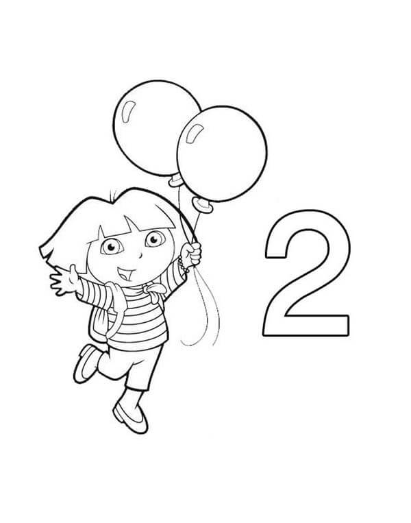 Dibujo de Número 2 y Dora Sosteniendo Dos Globos para Colorear
