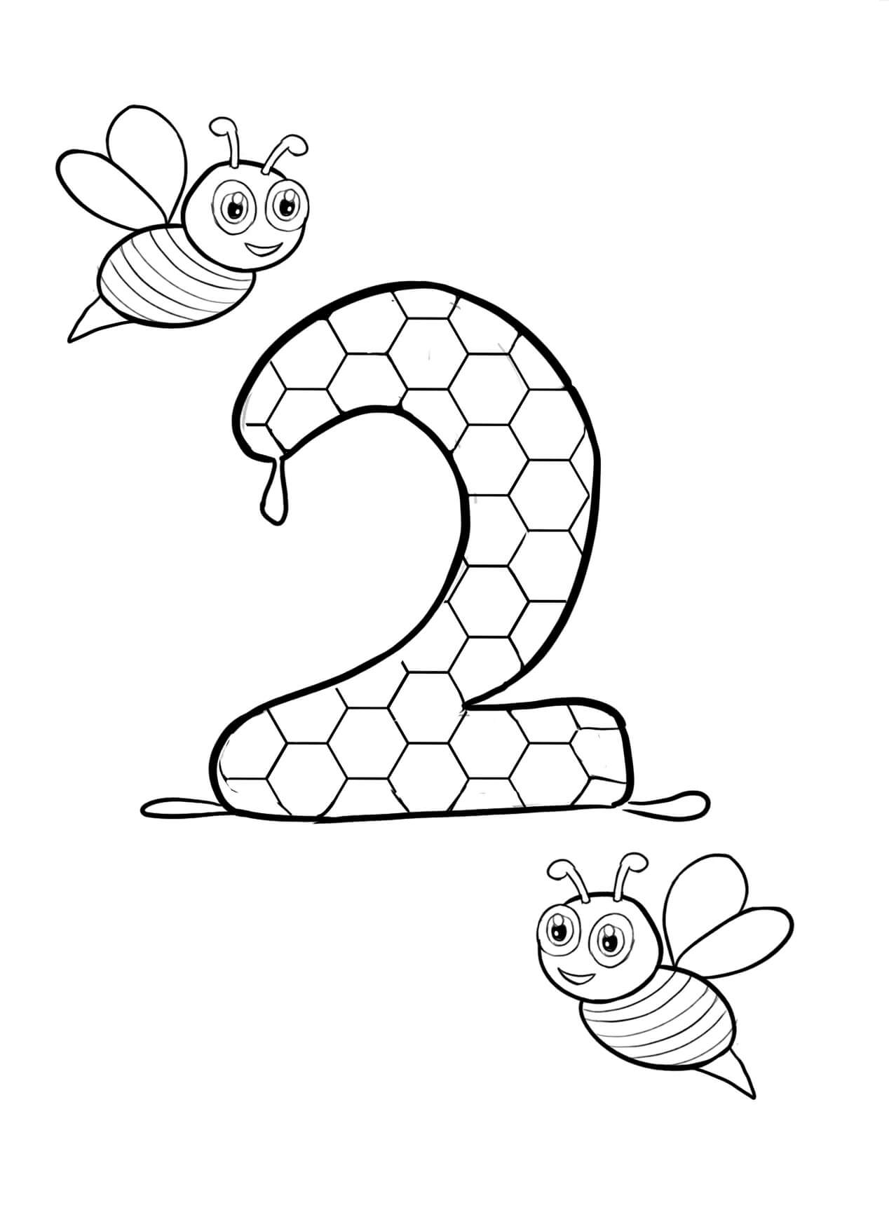 Dibujo de Número 2 y Dos Abejas para Colorear