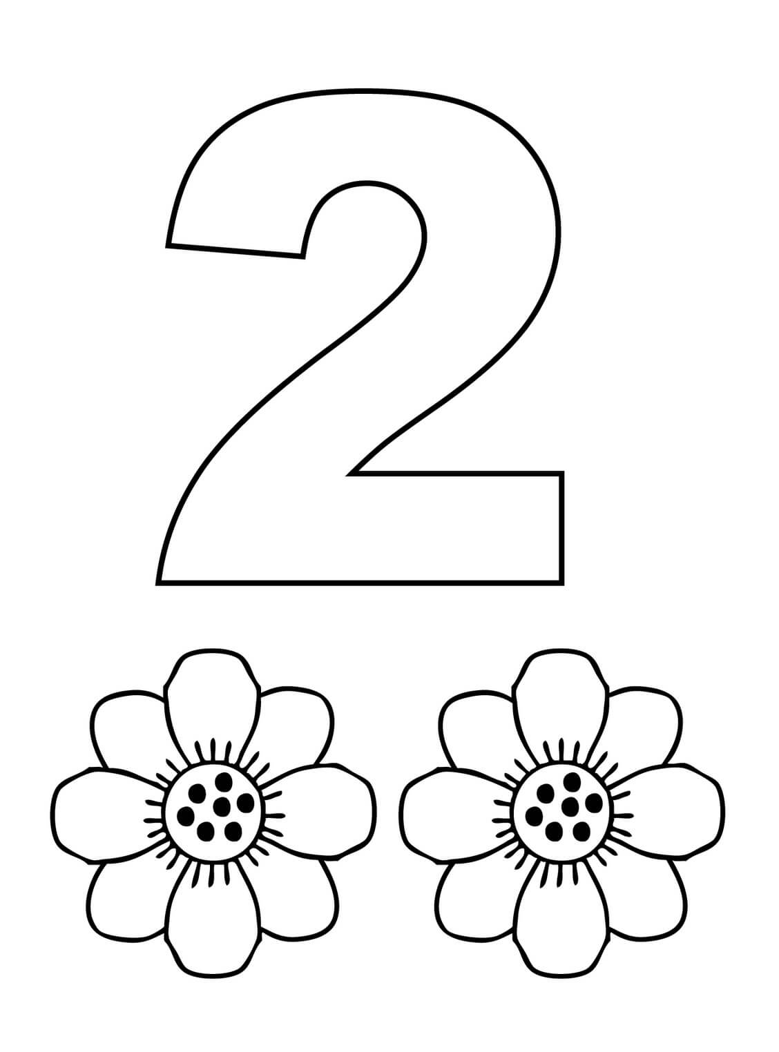 Dibujo de Número 2 y Dos Flores para Colorear