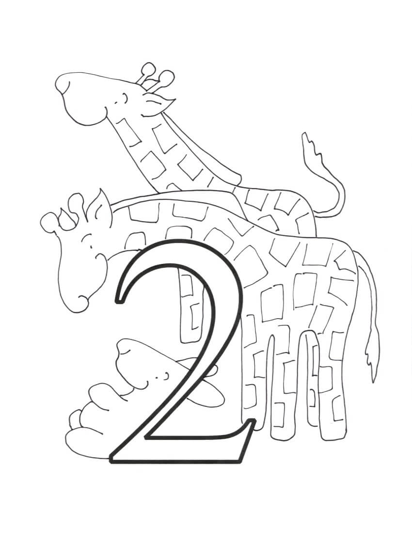 Dibujo de Número 2 y Dos Jirafas para Colorear