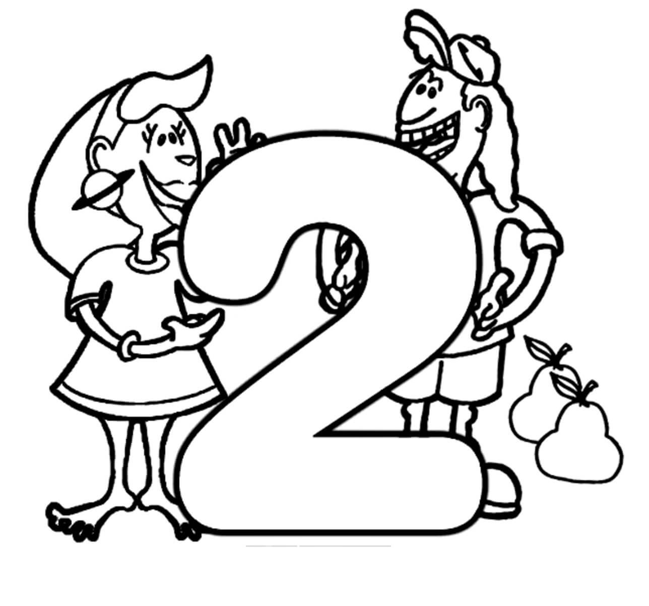 Dibujo de Número 2 y Dos niñas para Colorear