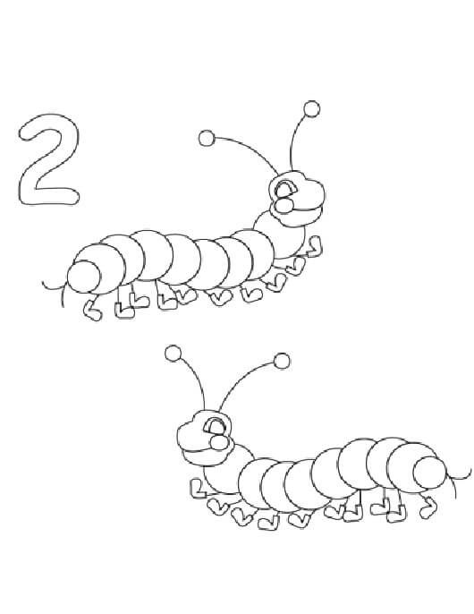 Dibujo de Número 2 y Dos Gusanos para Colorear
