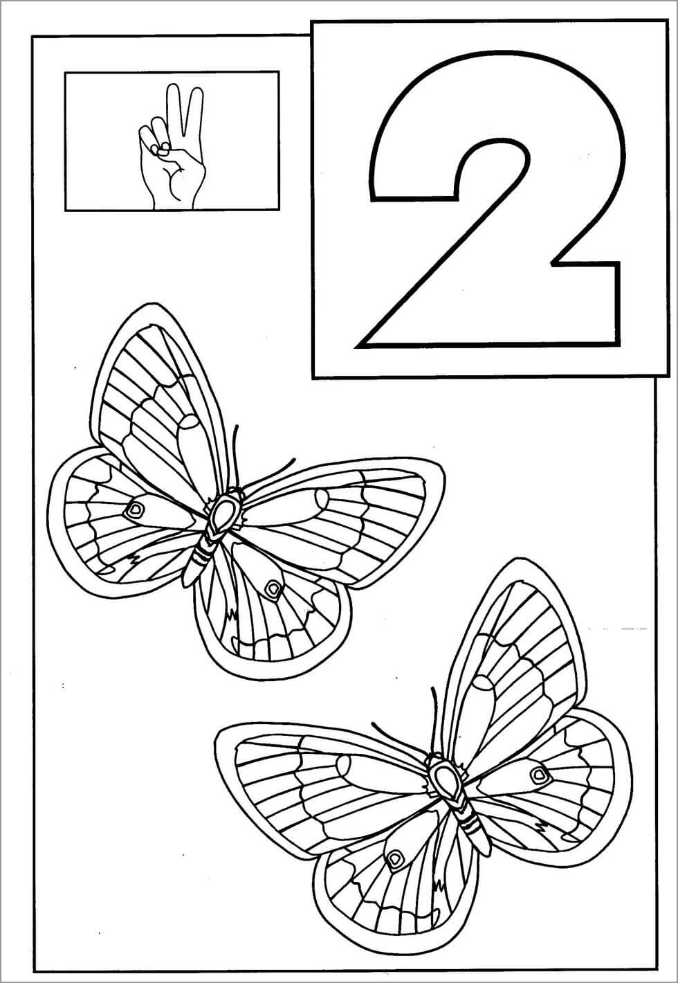 Dibujo de Número 2 y Dos Mariposas para Colorear