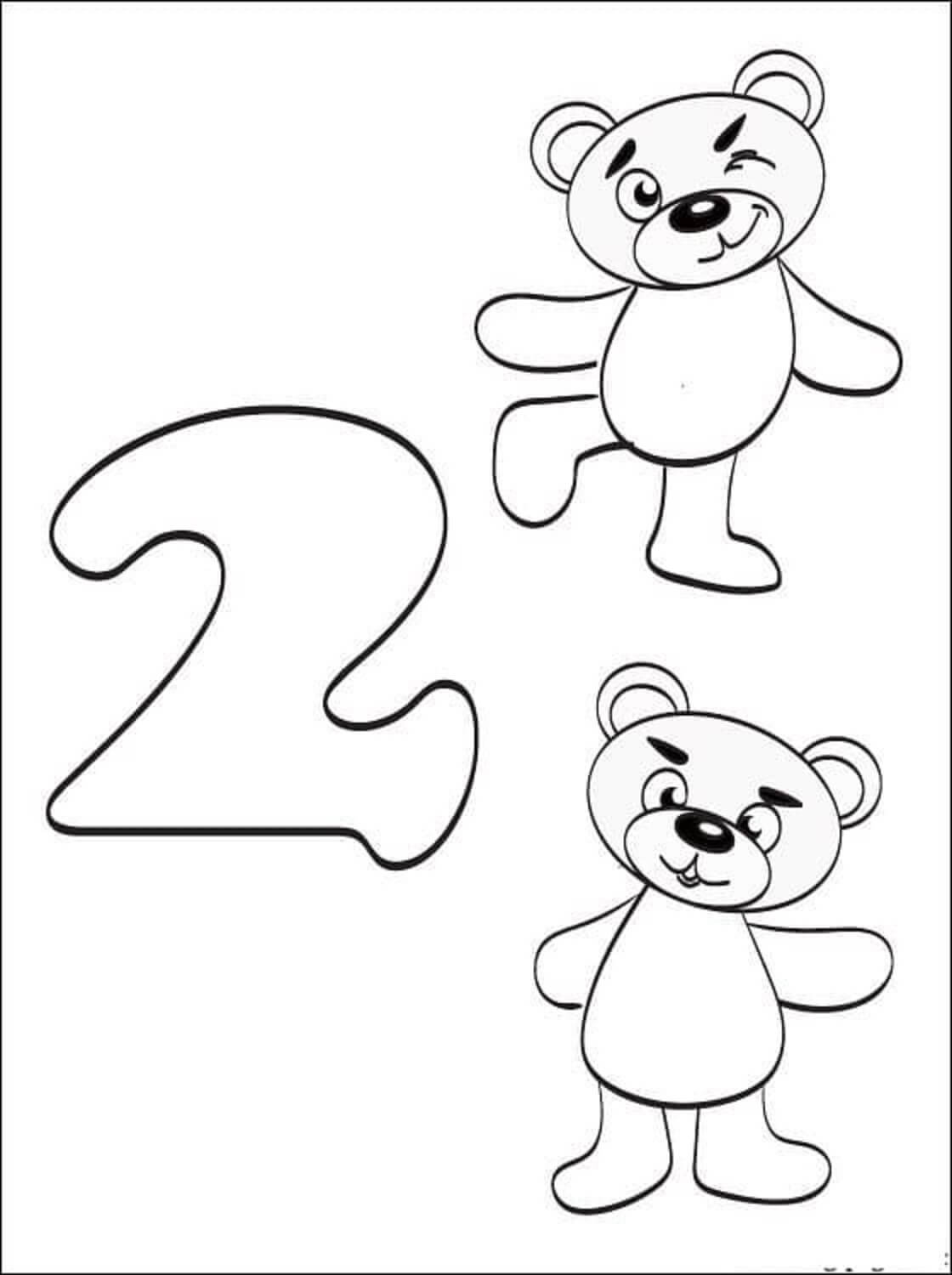 Dibujo de Número 2 y Dos Osos de Peluche para Colorear