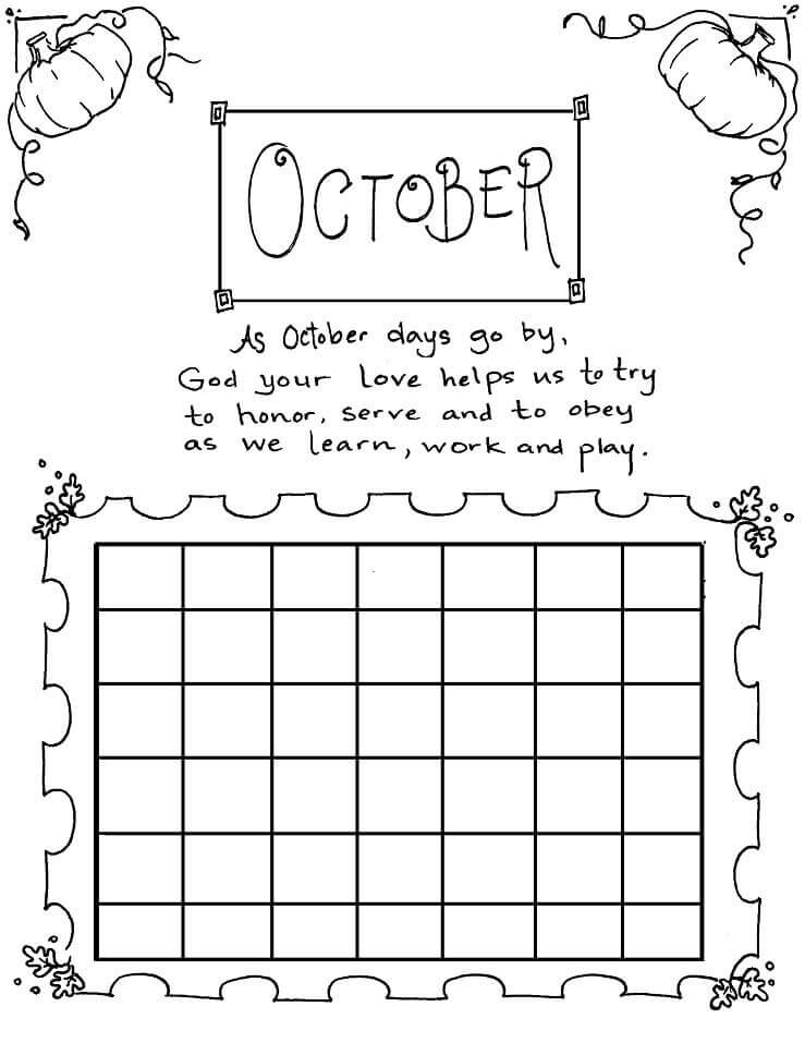 Dibujo de Calendario Octubre para Colorear