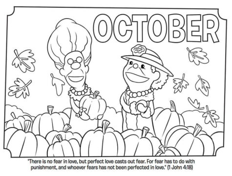Dibujo de Octubre con Gente y Calabaza para Colorear
