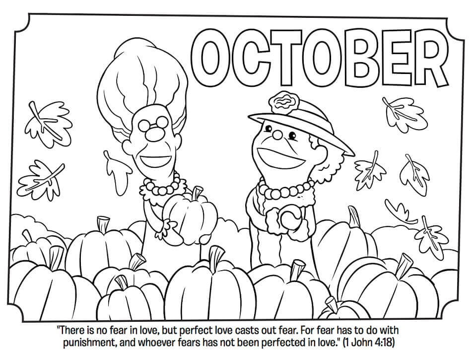 Dibujo de Octubre con Gente y Calabaza para Colorear