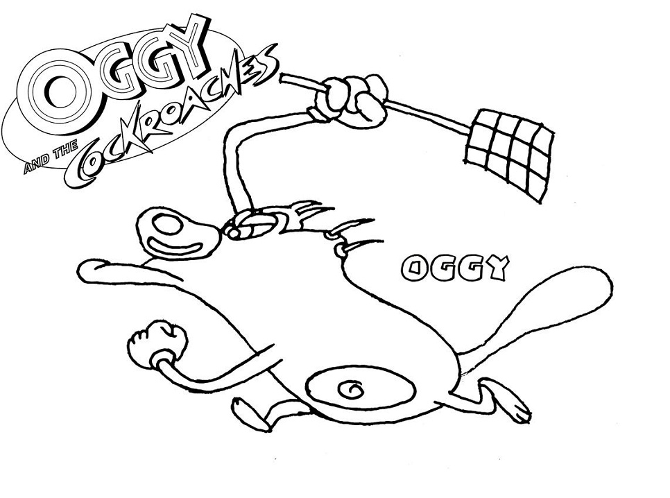 Dibujo de Oggy con Raqueta de Cucaracha para Colorear