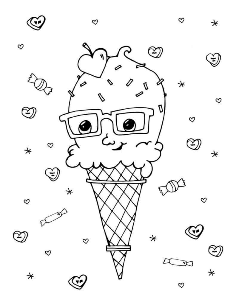 Dibujo de Helado con Ojos y Caramelos para Colorear