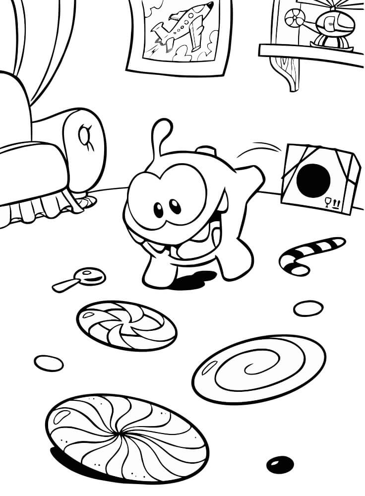 Dibujo de Om Nom Jugando con Caramelos para Colorear