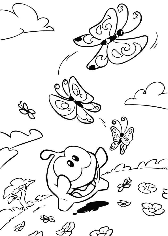 Dibujo de Om Nom Jugando con Mariposa para Colorear
