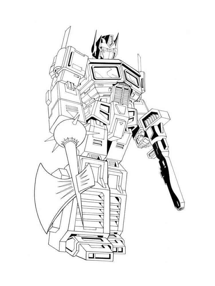 Dibujo de Optimus con Arma y Hacha para Colorear