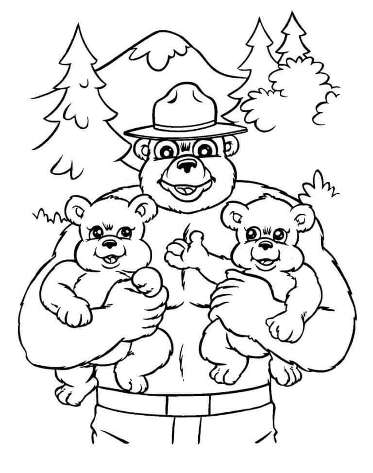 Dibujo de Oso Ahumado y Dos Ositos para Colorear