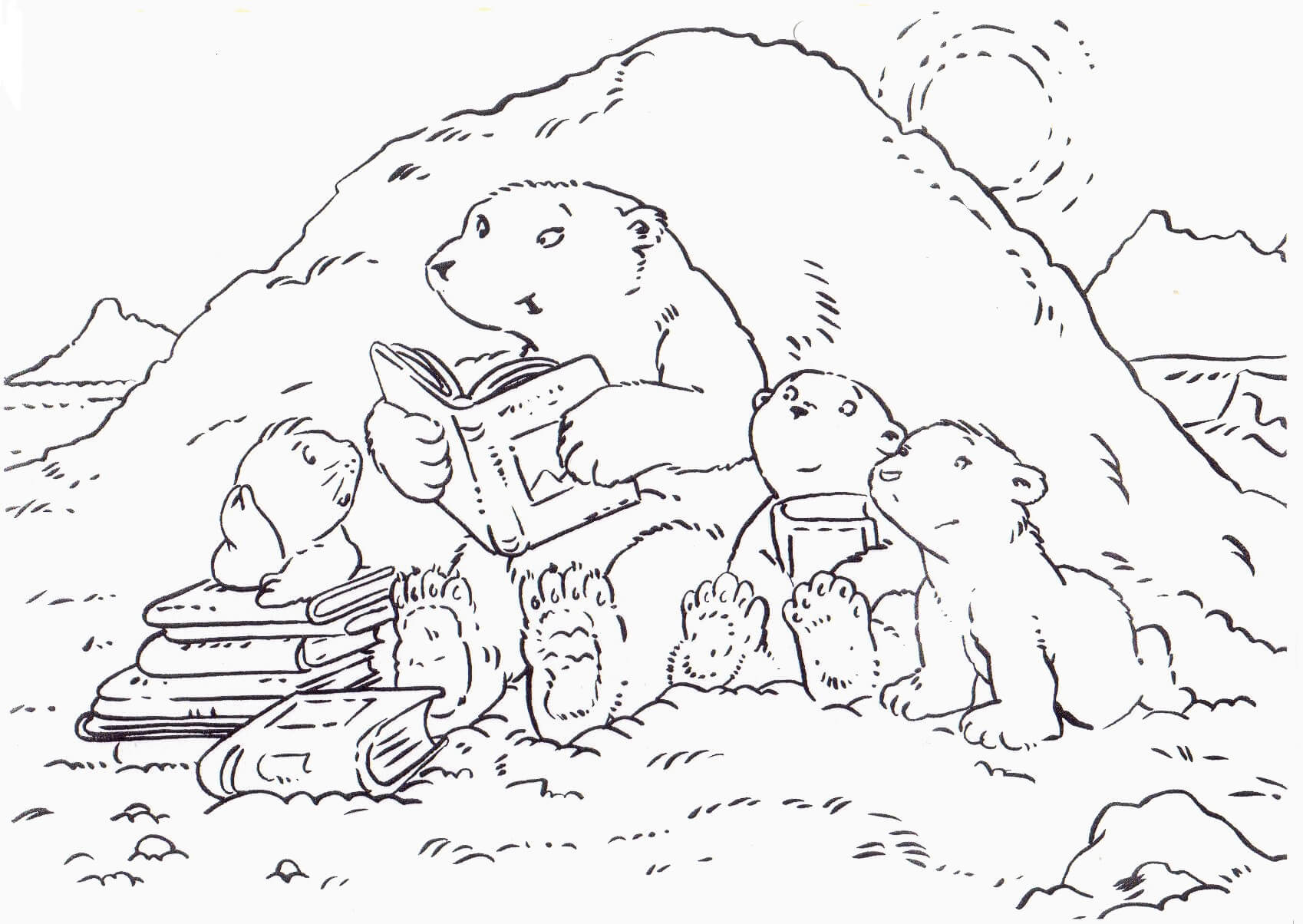 Dibujo de Lectura Familiar del Oso de Hielo para Colorear