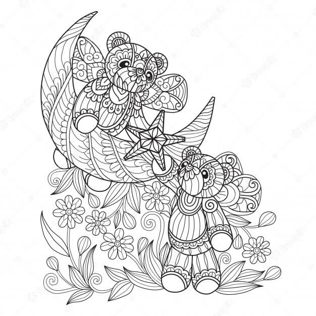 Dibujo de Mandala de Dos Osos de Peluche para Colorear